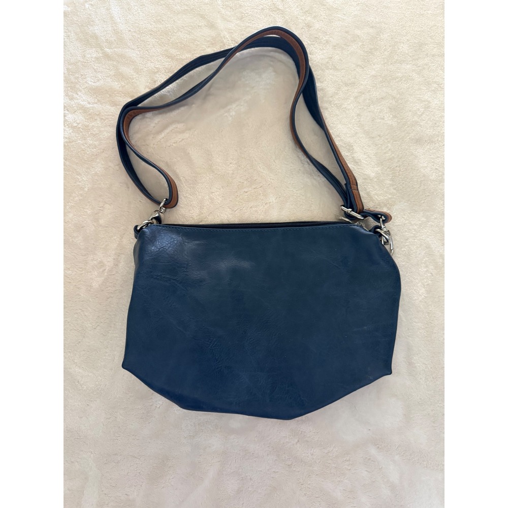 Sydney Love Navy Blue Crossbody Handbag Faux Leather Brown Trim Adjustable Strap